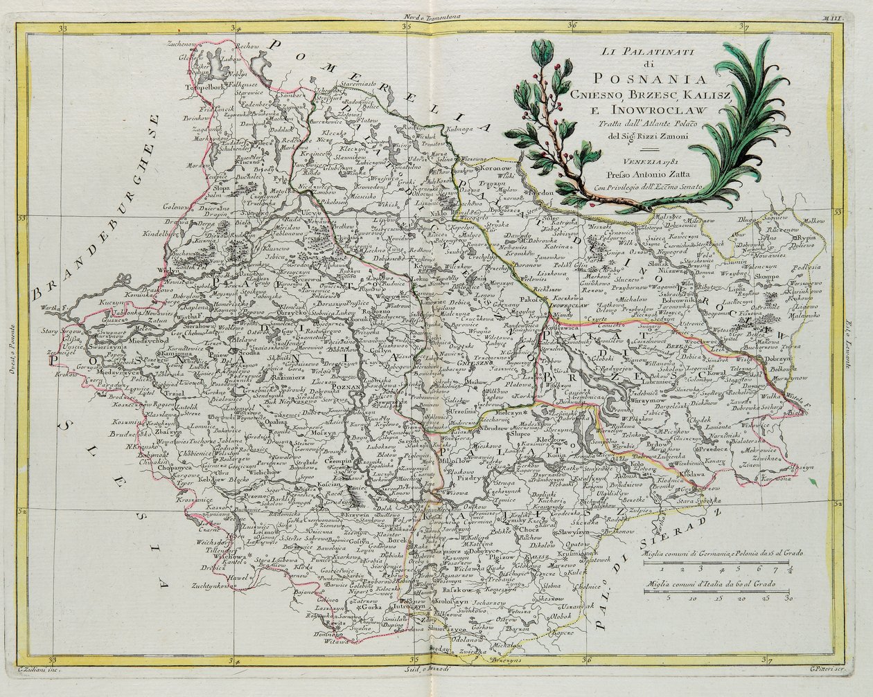 De Palatijnen van Posnania, Gniesno, Brzesc, Kalisz en Inovroclav, gravure door G. Zuliani uit Tome III van de "Nieuwste Atlas" gepubliceerd in Venetië in 1781 door Antonio Zatta, Privécollectie door G. Zuliani