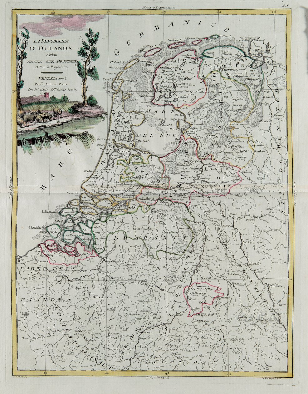 De Republiek Holland verdeeld in zijn provincies, gravure door G. Zuliani uit Tome I van de Nieuwste Atlas gepubliceerd in Venetië in 1776 door Antonio Zatta, Privécollectie door G. Zuliani