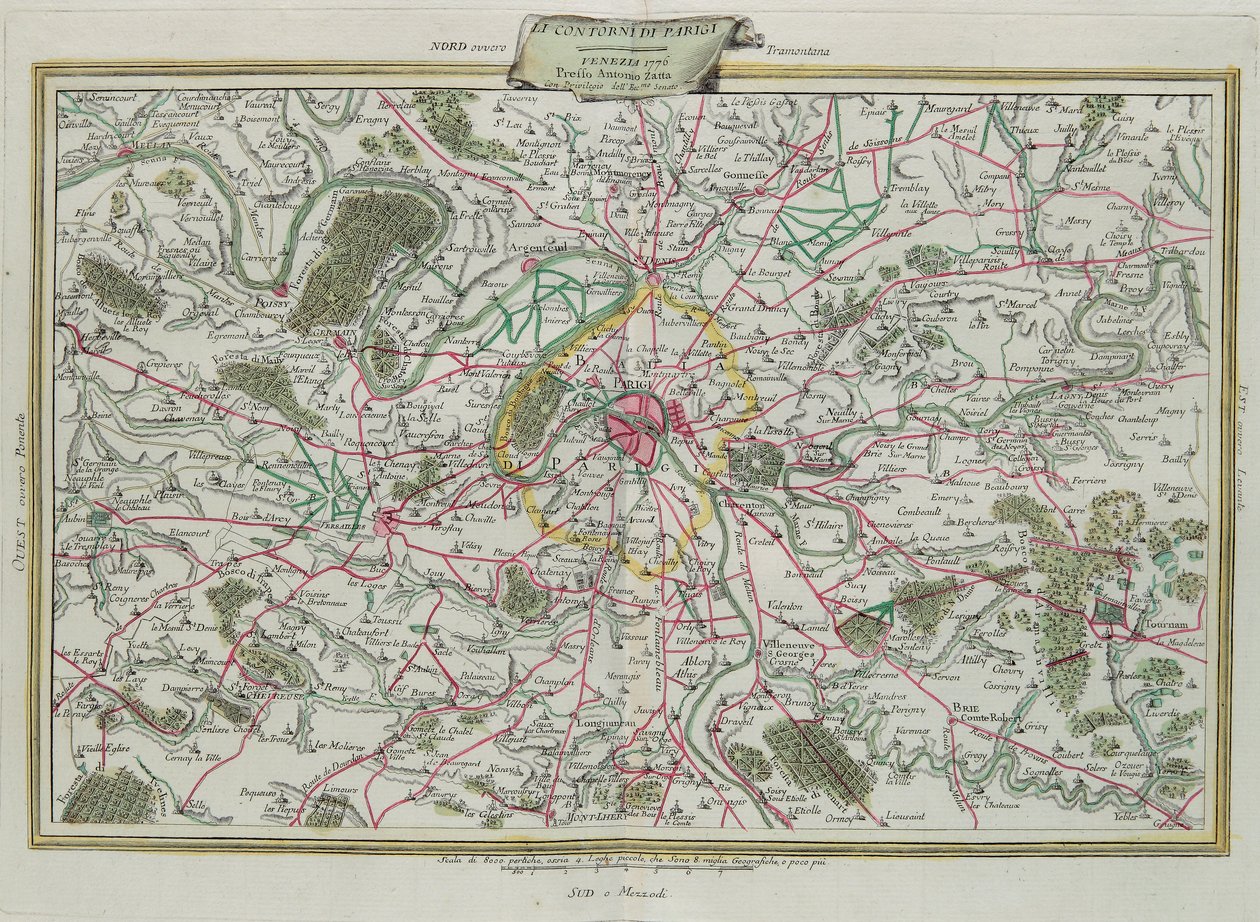 De omtrek van Parijs, de gouvernances van Frankrijk en Orleans, gravure door G. Zuliani uit Tome I van de Nieuwste Atlas gepubliceerd in Venetië in 1776 door Antonio Zatta, Privécollectie door G. Zuliani