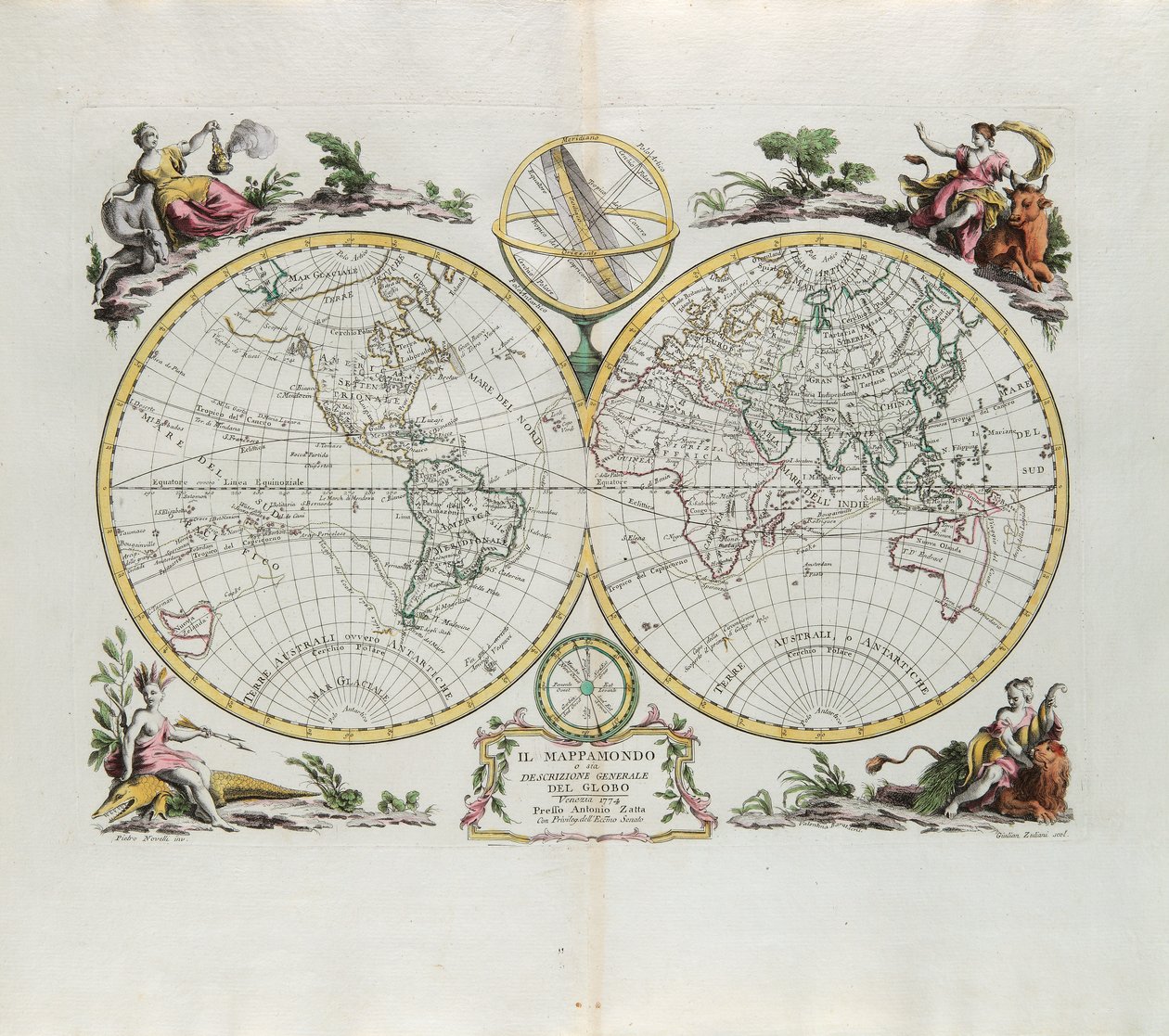 Wereldkaart en een algemene beschrijving van de globe, gravure door G. Zuliani uit Tome I van de Nieuwste Atlas gepubliceerd in Venetië in 1774 door Antonio Zatta door G. Zuliani