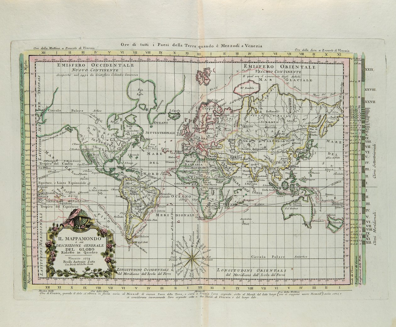 Wereldkaart en een algemene beschrijving van de wereld, gravure door G. Zuliani uit Tome I van de "Nieuwste Atlas" gepubliceerd in Venetië in 1774 door Antonio Zatta door G. Zuliani