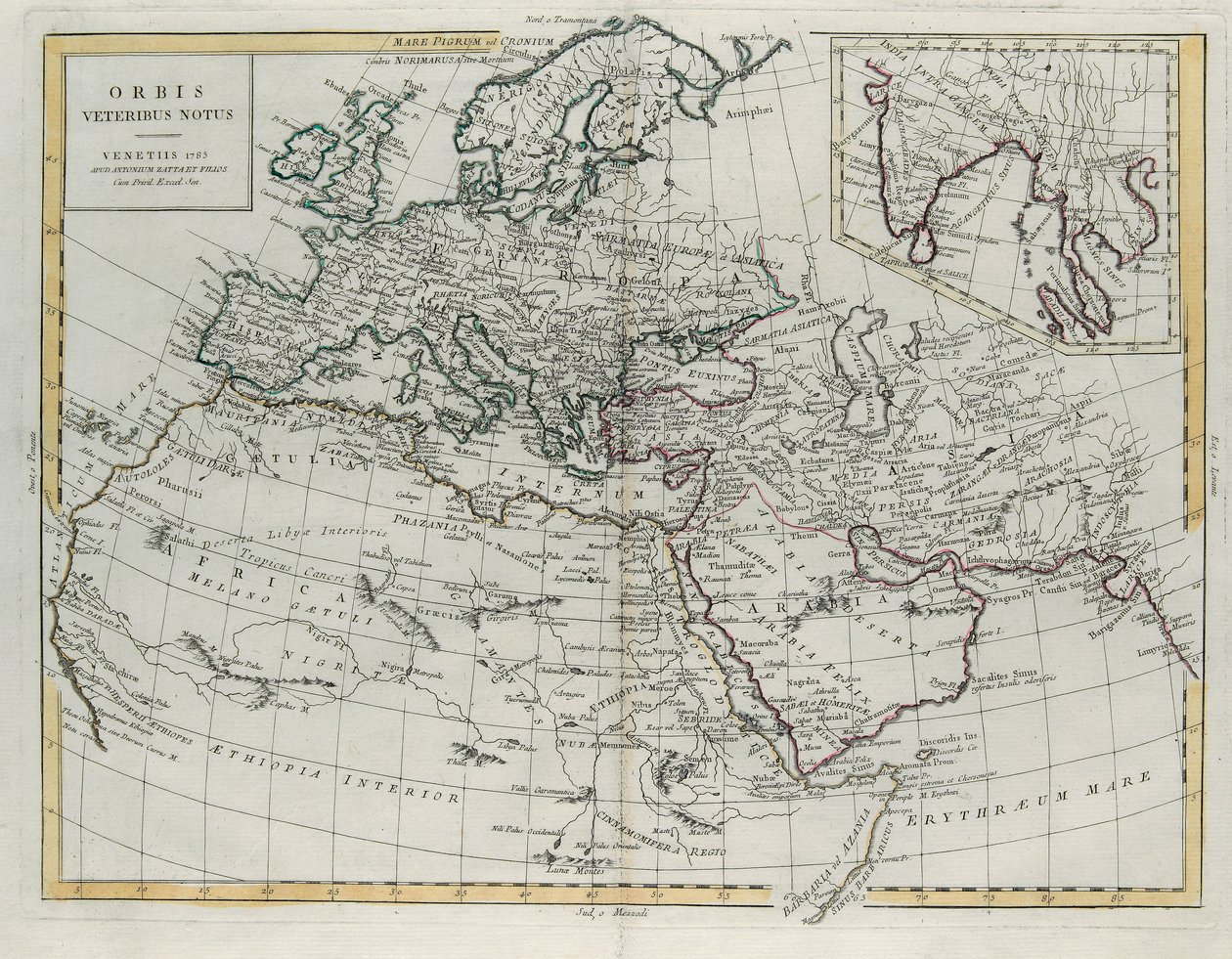 Wereld bekend bij de Ouden, gravure door G. Zuliani uit Tome IV van de Nieuwste Atlas gepubliceerd in Venetië in 1785 door Antonio Zatta, Privécollectie door G. Zuliani