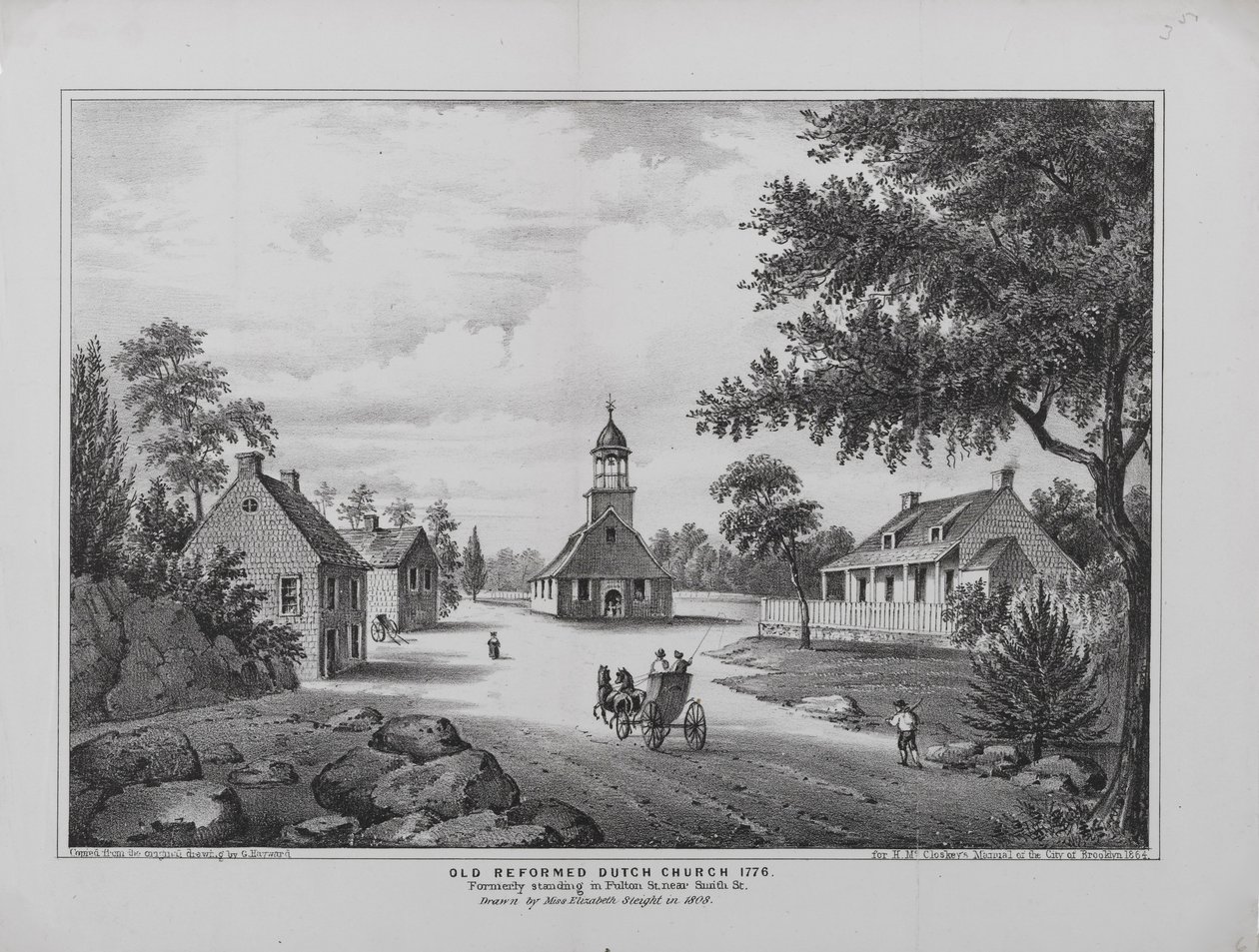 Oude Gereformeerde Nederlandse Kerk in 1776, getekend door Miss Elizabeth Sleight in 1808, gedrukt voor H. McCloskeys Manuel van de stad Brooklyn, 1864 door G. after Hayward