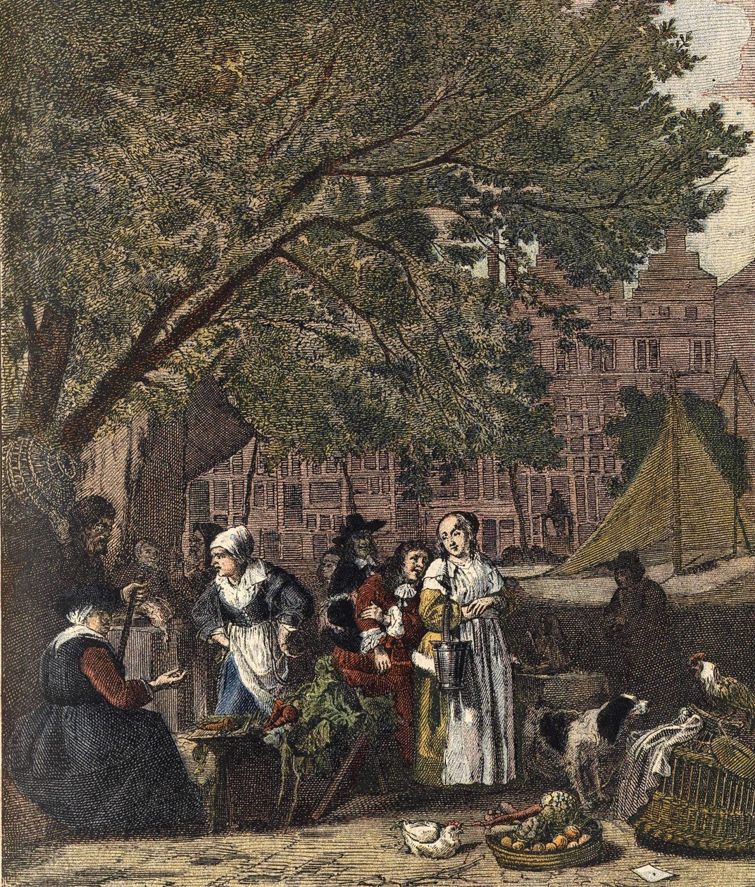 De Amsterdamse kruidenmarkt. Gravure 19e eeuw naar het schilderij van Gabriel Metsu (1629-1667). door Gabriel (after) Metsu