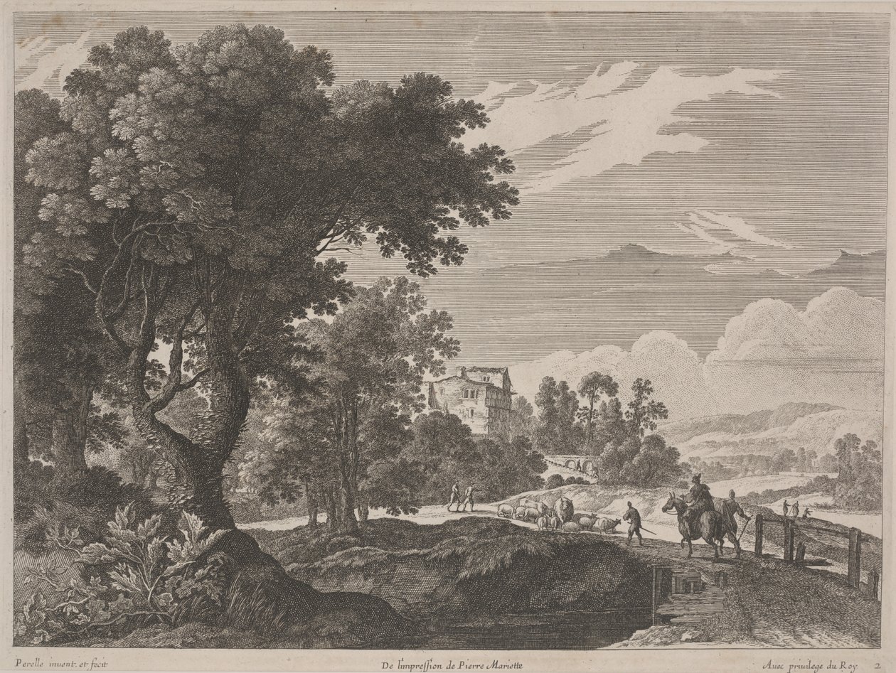 Landschap met reizigers die een brug oversteken door Gabriel (after) Perelle