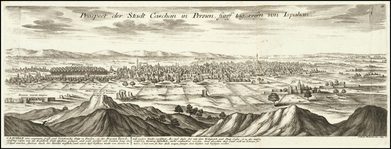 1720 afbeelding - Vooruitzicht van de stad Cashan in Perzië op vijf dagen reizen van Ispahan door Gabriel Bodenehr
