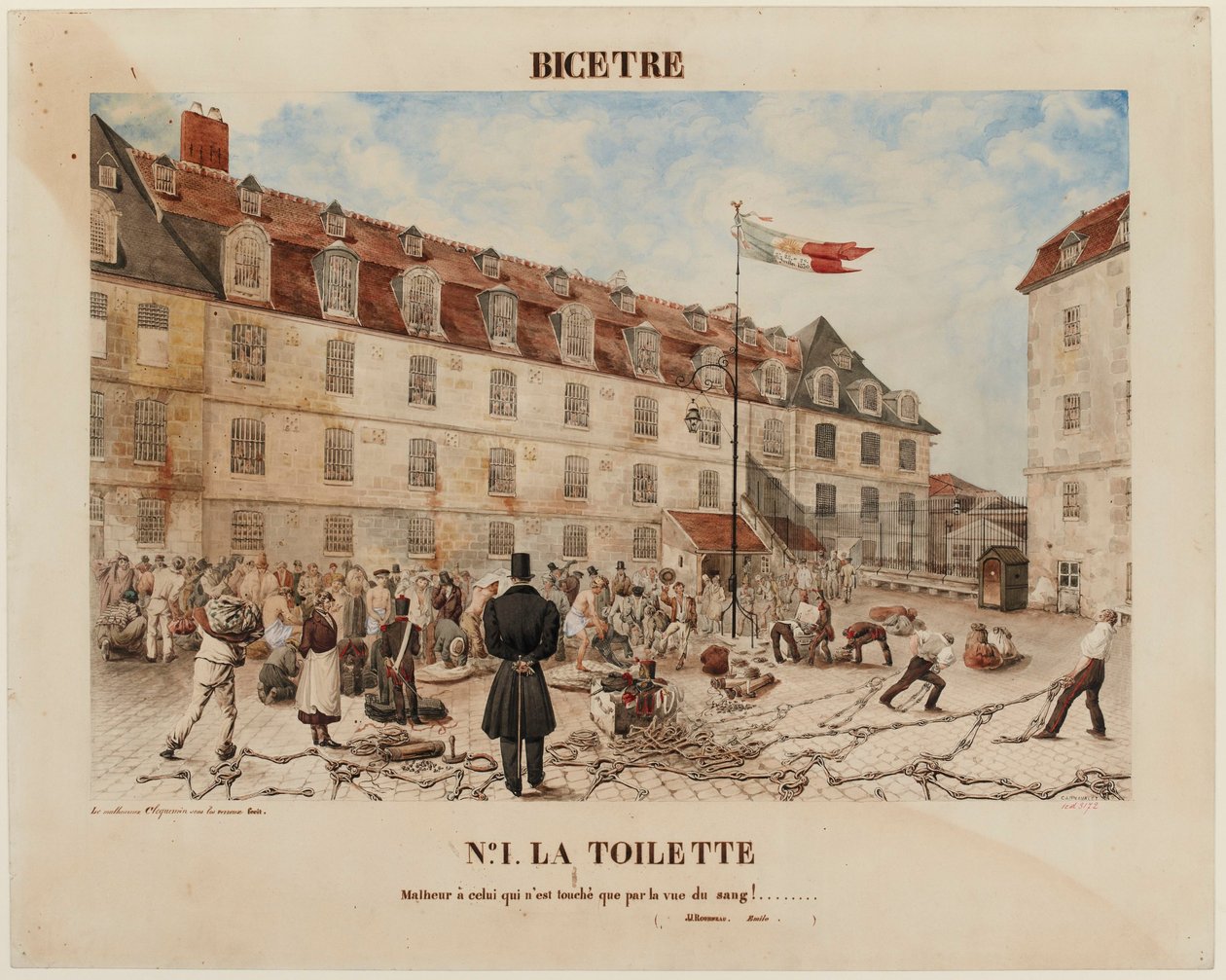 Frans: BICÊTRE. NR. 1. DE TOILET / Wee degene die alleen geraakt wordt door het zien van bloed! ........ / ( JJ Rousseau. Émile. ). door Gabriel Cloquemin