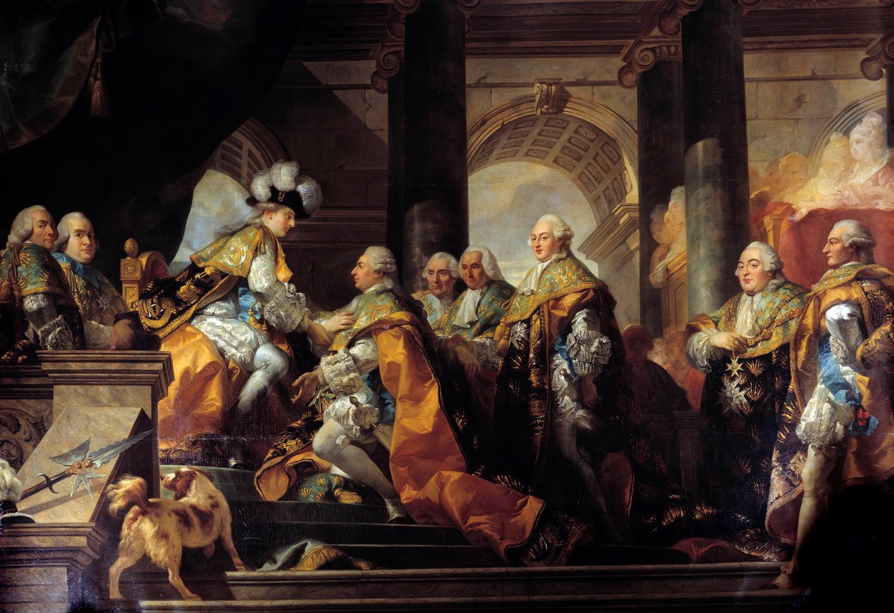Koning Lodewijk XVI (1754-1793) ontvangt in Reims de hulde van de Ridders van de Orde van de Heilige Geest na zijn wijding op 13/06/1775 (detail) door Gabriel Francois Doyen