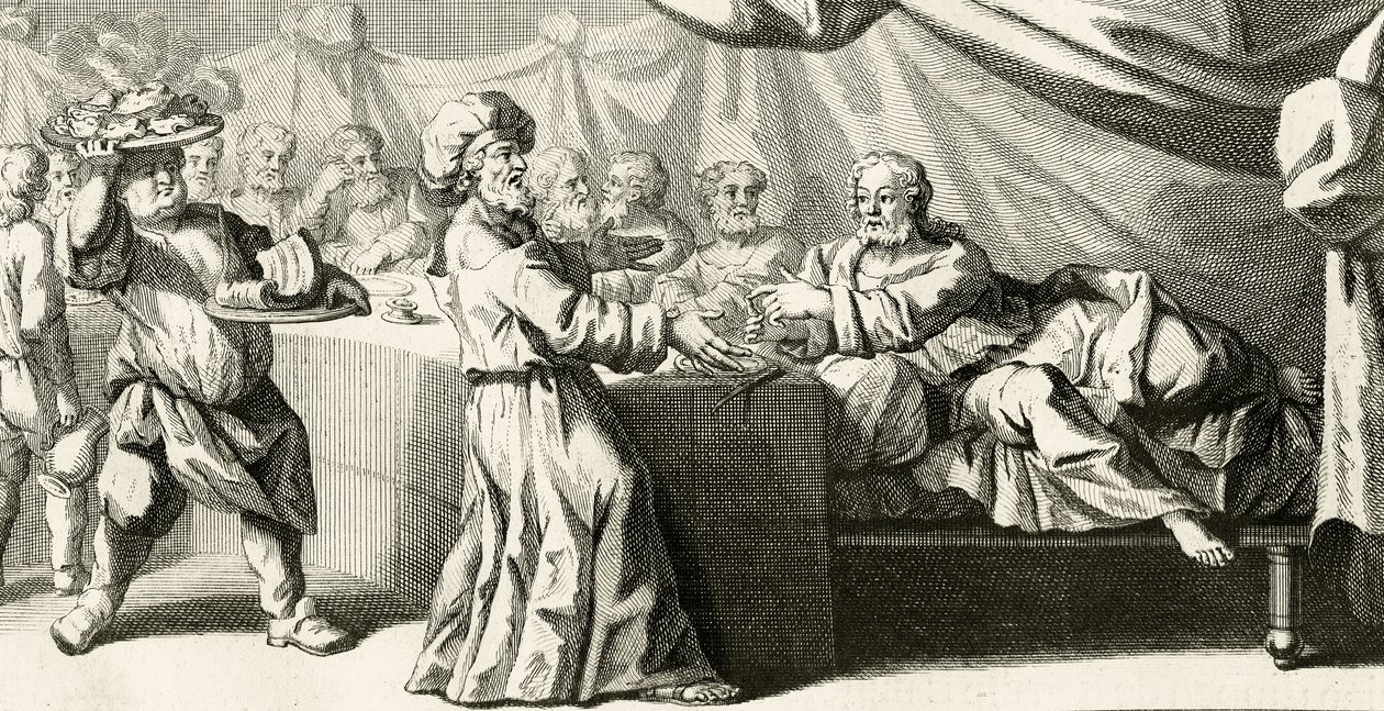 Jezus uitgenodigd voor het diner bij de Farizeeër, illustratie uit het Evangelie van Sint Lucas, hoofdstuk 11:37, 1728 door Gabriel Francois Louis Debrie