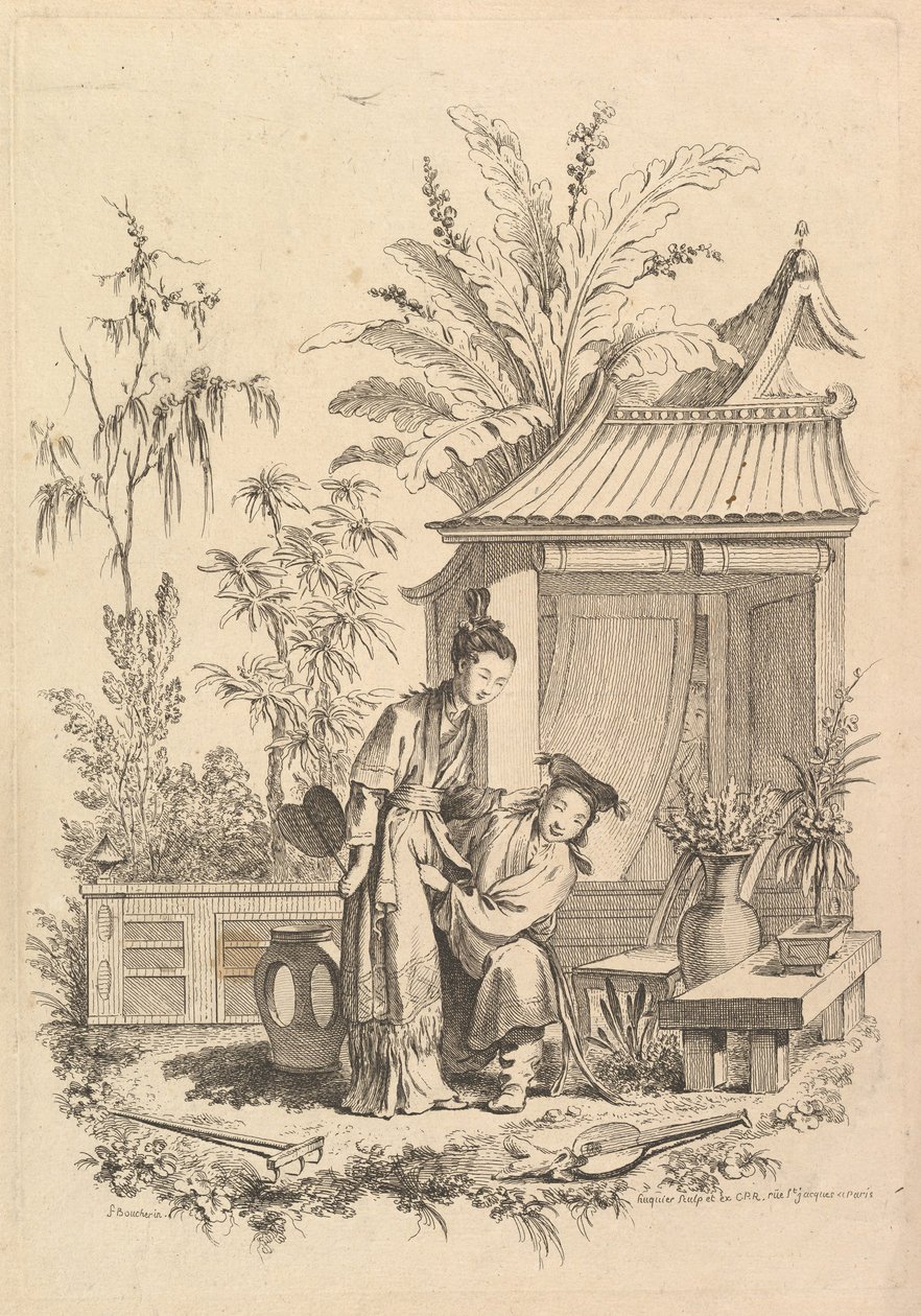 Chinoiserie scène met figuren in een landschap, 18e eeuw door Gabriel Huquier
