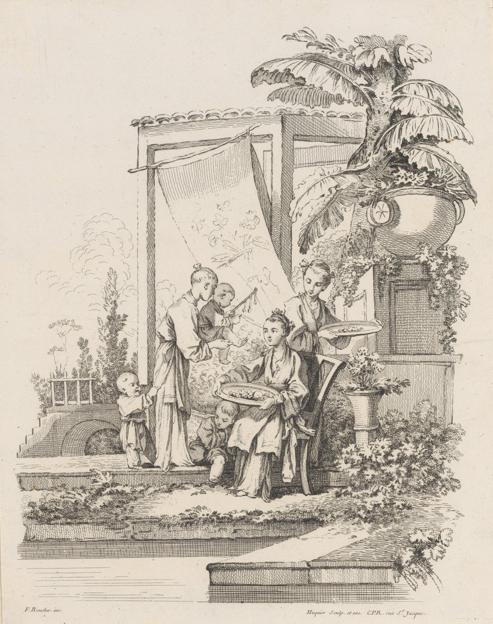 Zittende Vrouw met Kinderen en Dienaren, ca. 1738-1745 door Gabriel Huquier