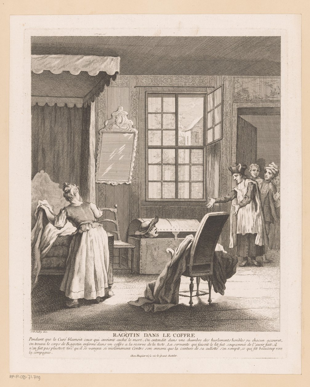 Slaapkamerinterieur met Ragotin in een kist door Gabriel Huquier