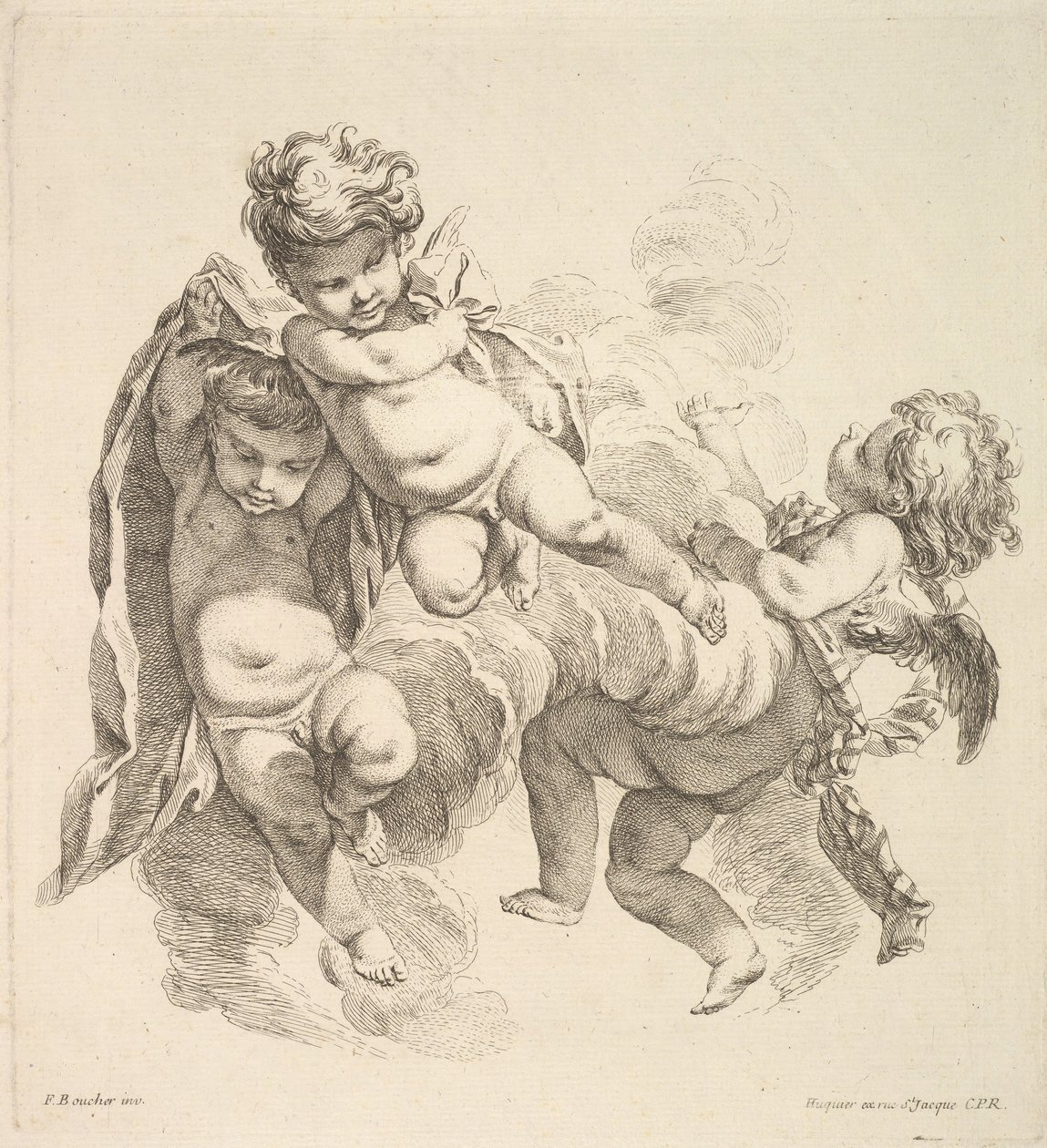Drie kinderen tussen wolken met een draperie, 1738-45 door Gabriel Huquier