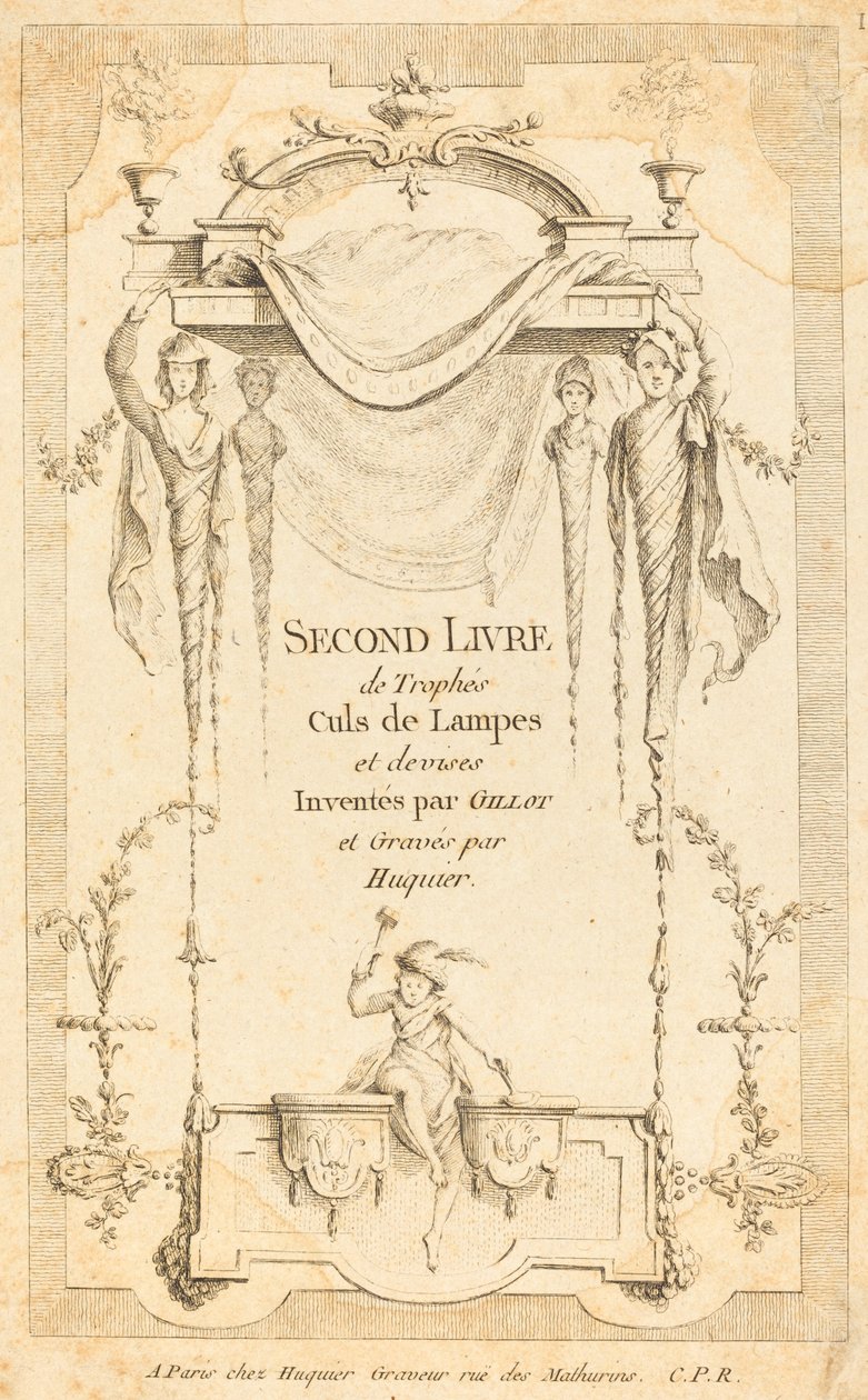 Tweede Boek van Trofeeën Culs de Lampes en Deviezen: Titelpagina door Gabriel Huquier after Claude Gillot