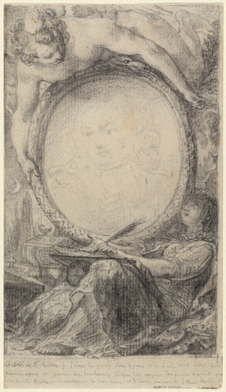 Allegorisch Kader met een Genius en een Gesluierde Vrouw die Schrijft door Gabriel Jacques de Saint Aubin