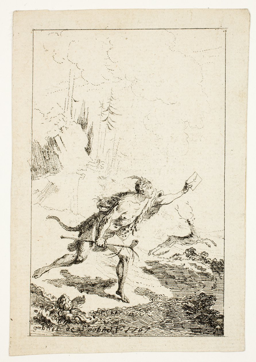 Boodschapper gestuurd naar M. Saint-Denis, door M. Belle-Isle, gevangene, plaat drie uit Les Nouveaux Voyages aux Indes Occidentales door Gabriel Jacques de Saint Aubin