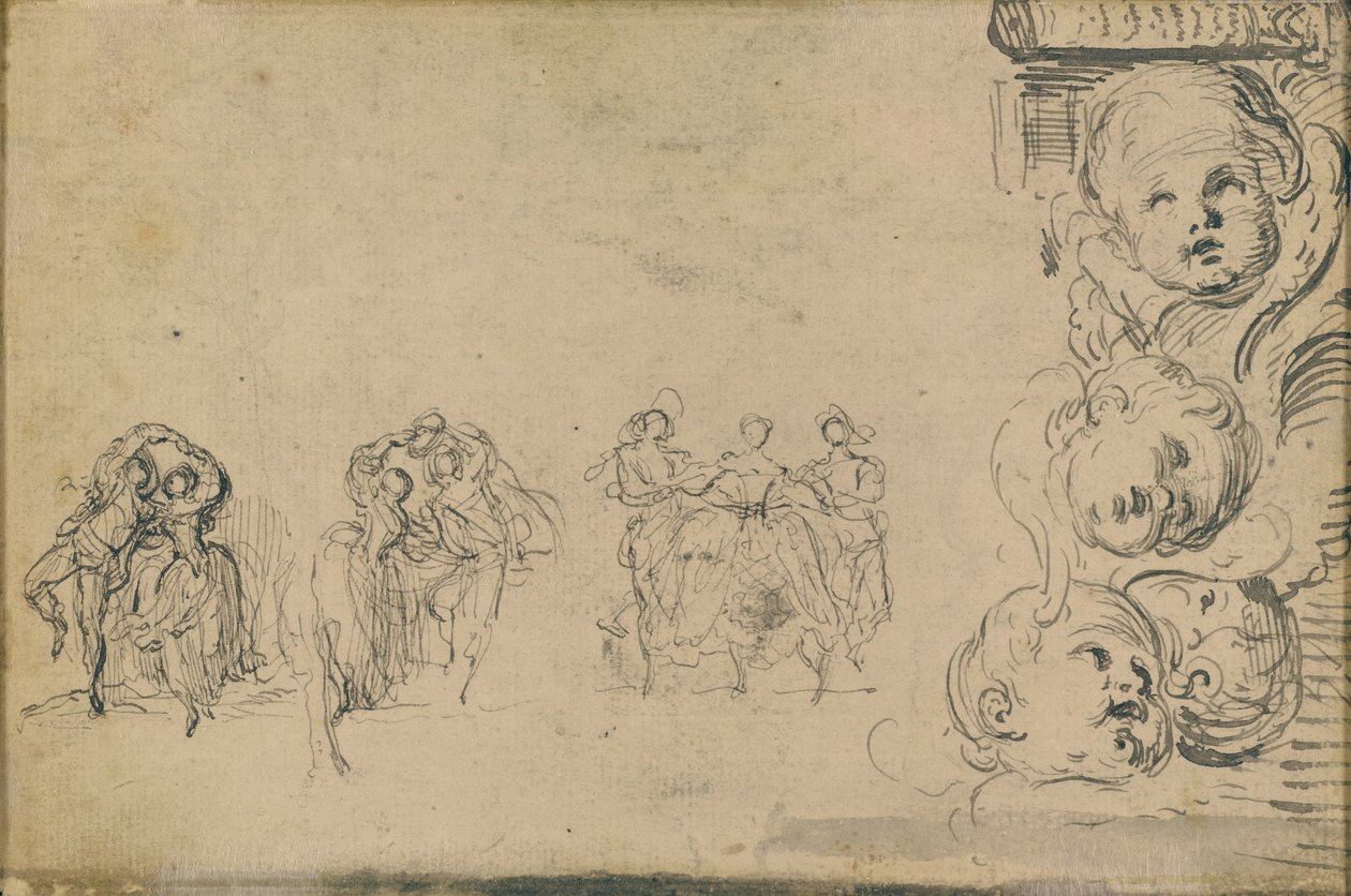 Schetsen van dansers en hoofden van putti door Gabriel Jacques de Saint Aubin