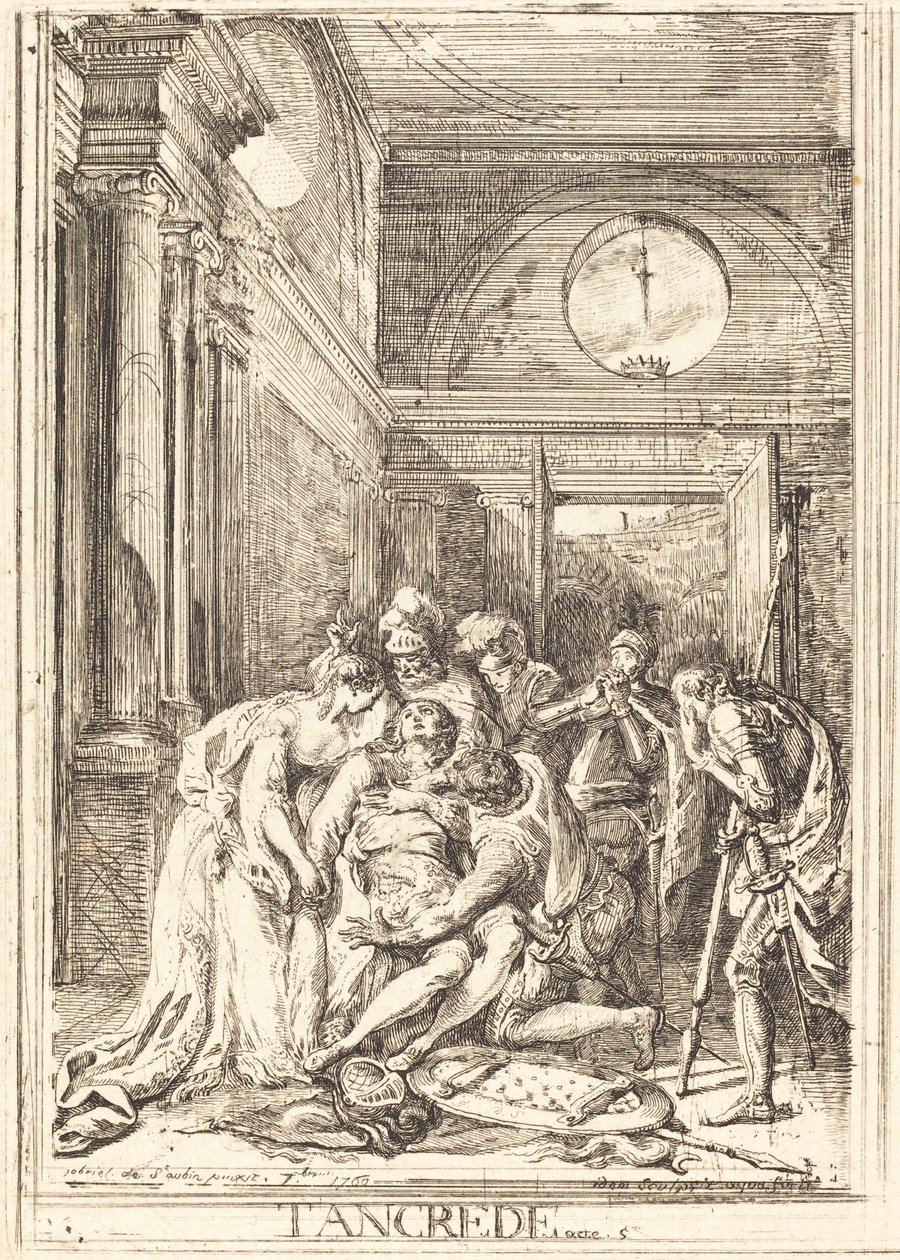 De dood van Tancred [links] door Gabriel Jacques de Saint Aubin