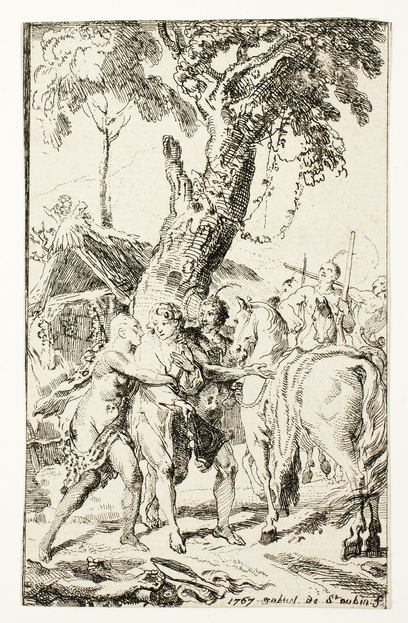 De ontsnapping van M. de Belle-Isle, gevangene in de Attakapas, plaat vier uit Les Nouveaux Voyages aux Indes Occidentales door Gabriel Jacques de Saint Aubin