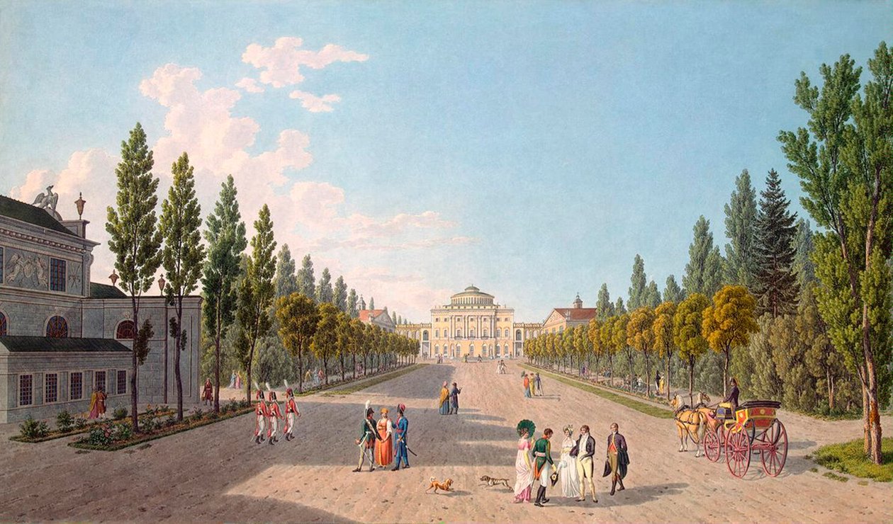 Uitzicht op het Pavlovsk-paleis vanuit het park door Gabriel Ludwig Lory the Elder