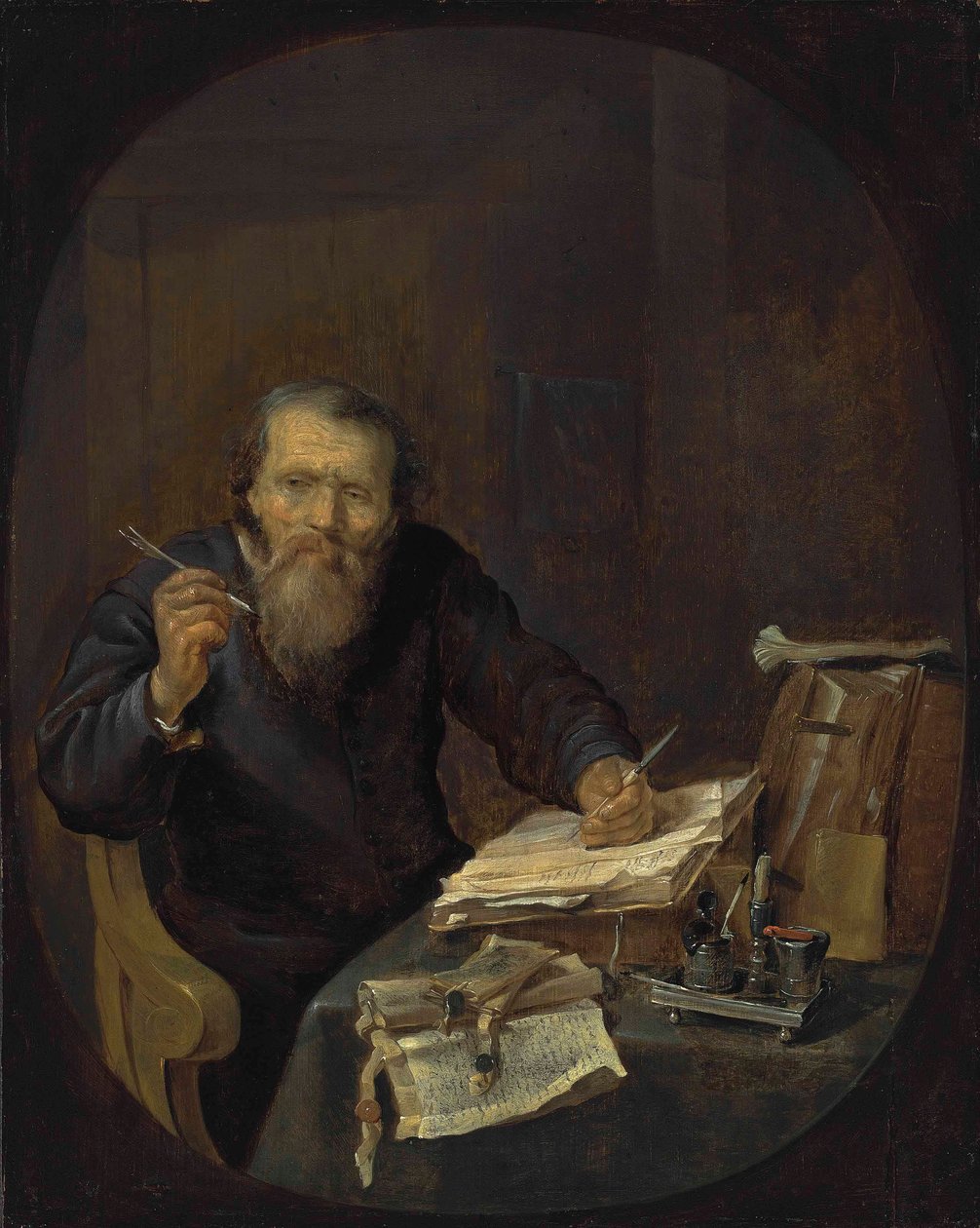 Een notaris die zijn pen slijpt, in een interieur door Gabriel Metsu