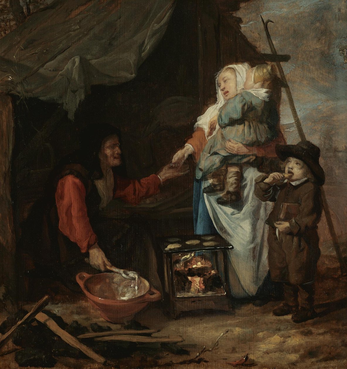 Een oude vrouw die pannenkoeken verkoopt door Gabriel Metsu