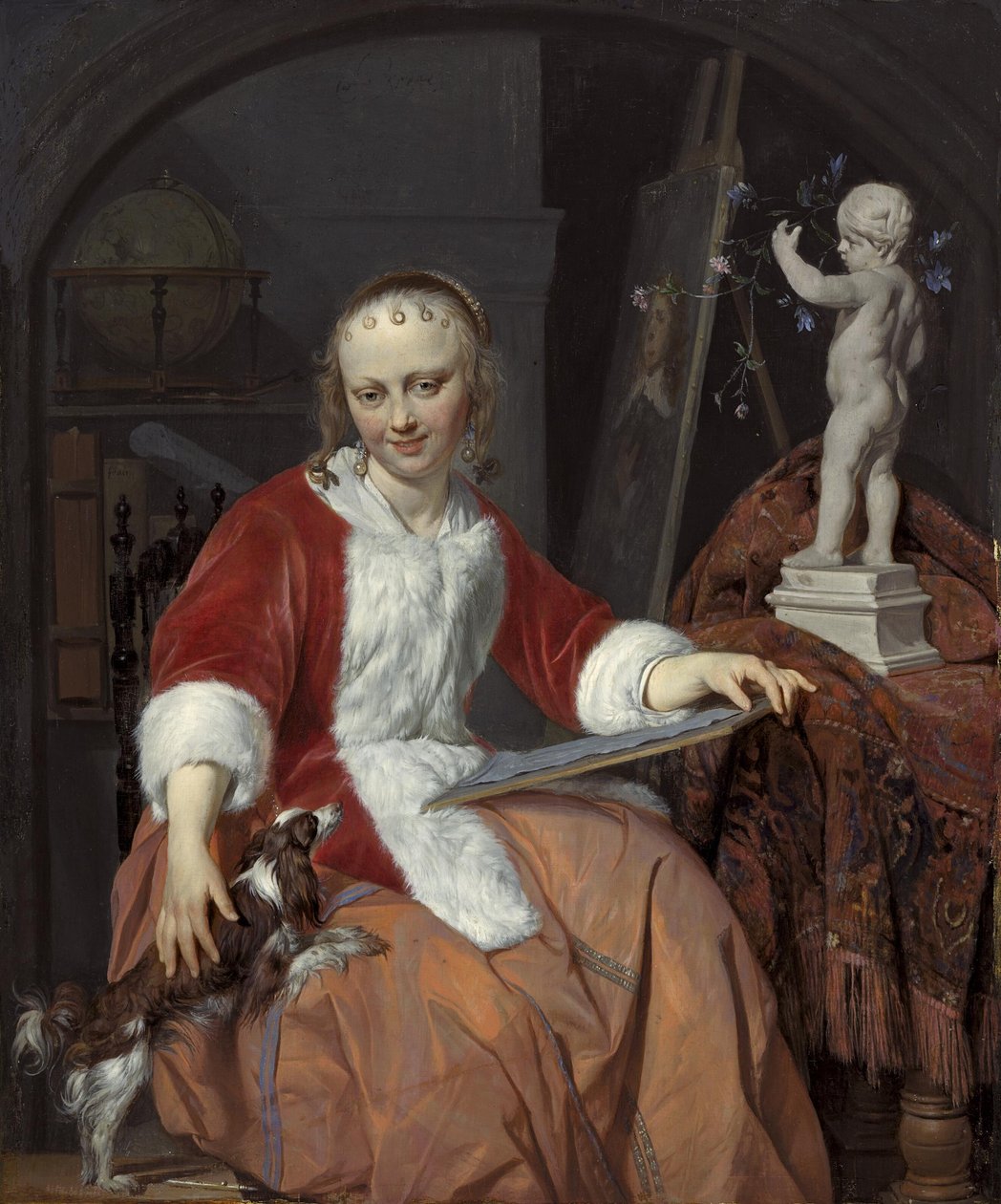 Portret van Isabella de Wolff (....-1718) als kunstenares door Gabriel Metsu
