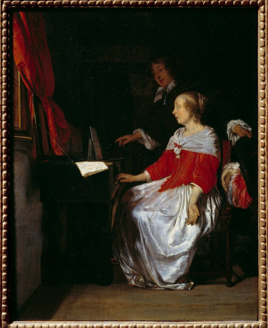 De lezing van Virginal. Schilderij door Gabriel Metsu (1629-1667) door Gabriel Metsu