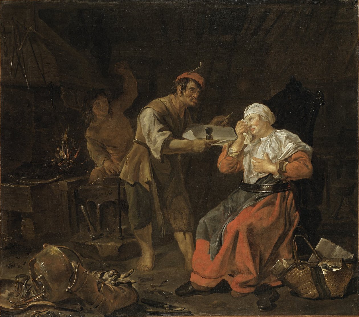 Huilende vrouw in een smederij door Gabriel Metsu
