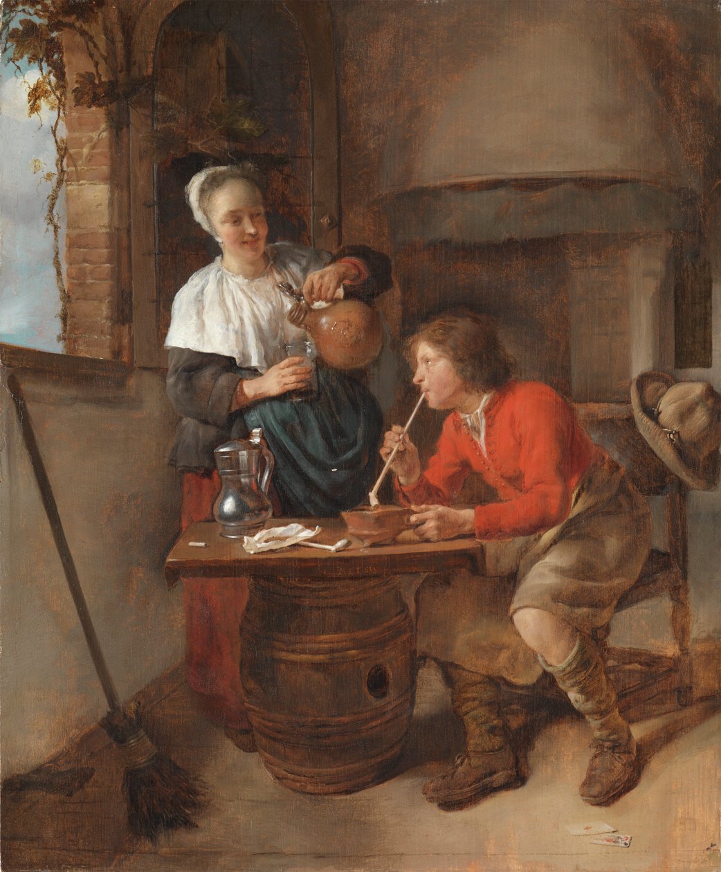 Rokende jonge man en een vrouw die bier schenkt door Gabriel Metsu