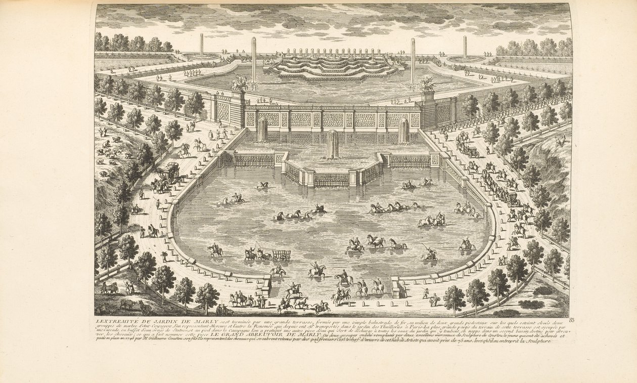 Het uiteinde van de tuin van Marly, uit "Les Delices de Versailles et des Maisons Royales" door Charles-Antoine Jombert, 1766 door Gabriel Perelle