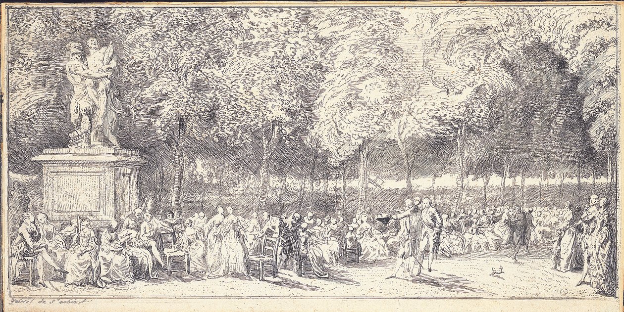 Een ontmoeting in de Tuilerieën tuinen rond een standbeeld, 1760 door Gabriel de Saint Aubin