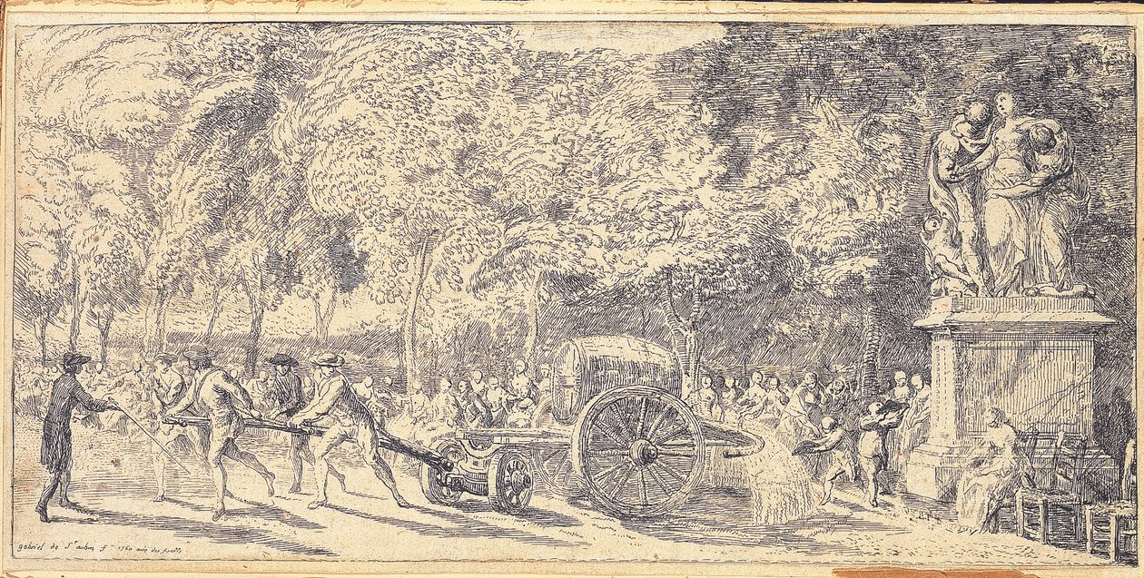 Figuren die een vat op een kar trekken in de Tuilerieën, 1760 door Gabriel de Saint Aubin
