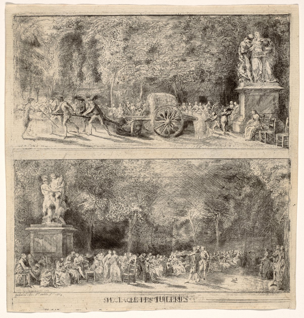 Scènes uit de Tuilerieën: de stoelen en de waterkar, 1760, geretoucheerd 1763 door Gabriel de Saint Aubin