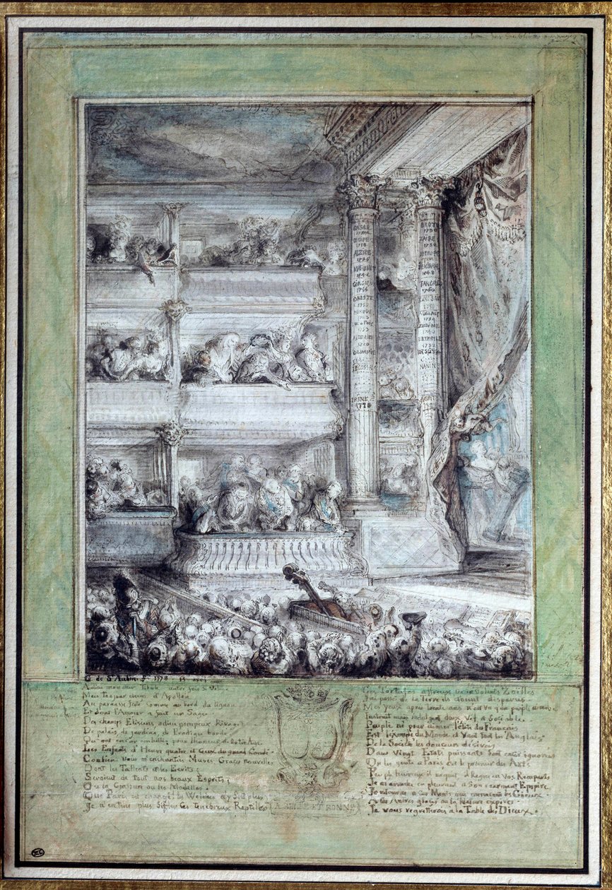 De kroning van Voltaire in het Theatre Francais op 12/04/1778 door Gabriel de Saint Aubin
