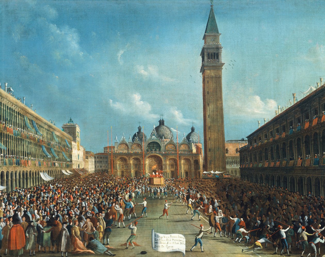 De Doge wordt triomfantelijk gedragen en strooit geld op het Piazza San Marco door Gabriele Bella