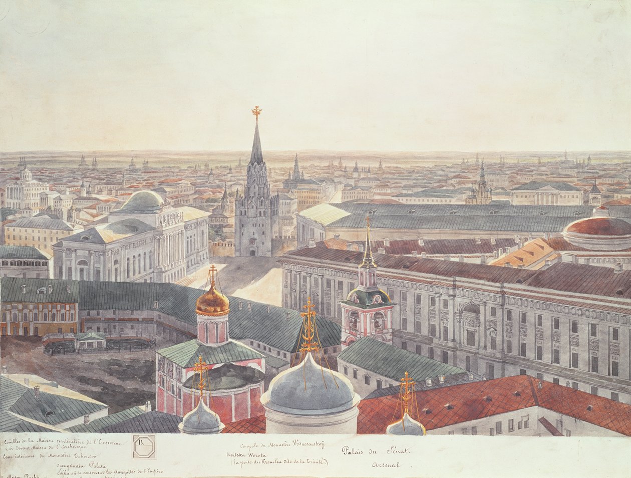 Panorama van Moskou, met het voormalige Senaatspaleis (nu het Kabinet), Wosnesenskoy Klooster en het voormalige Arsenaal, 1819 door Gadolle