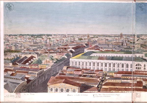 Panorama van Moskou, met het voormalige marktplein en de Beurs in Gostiny Dvor, 1819 door Gadolle