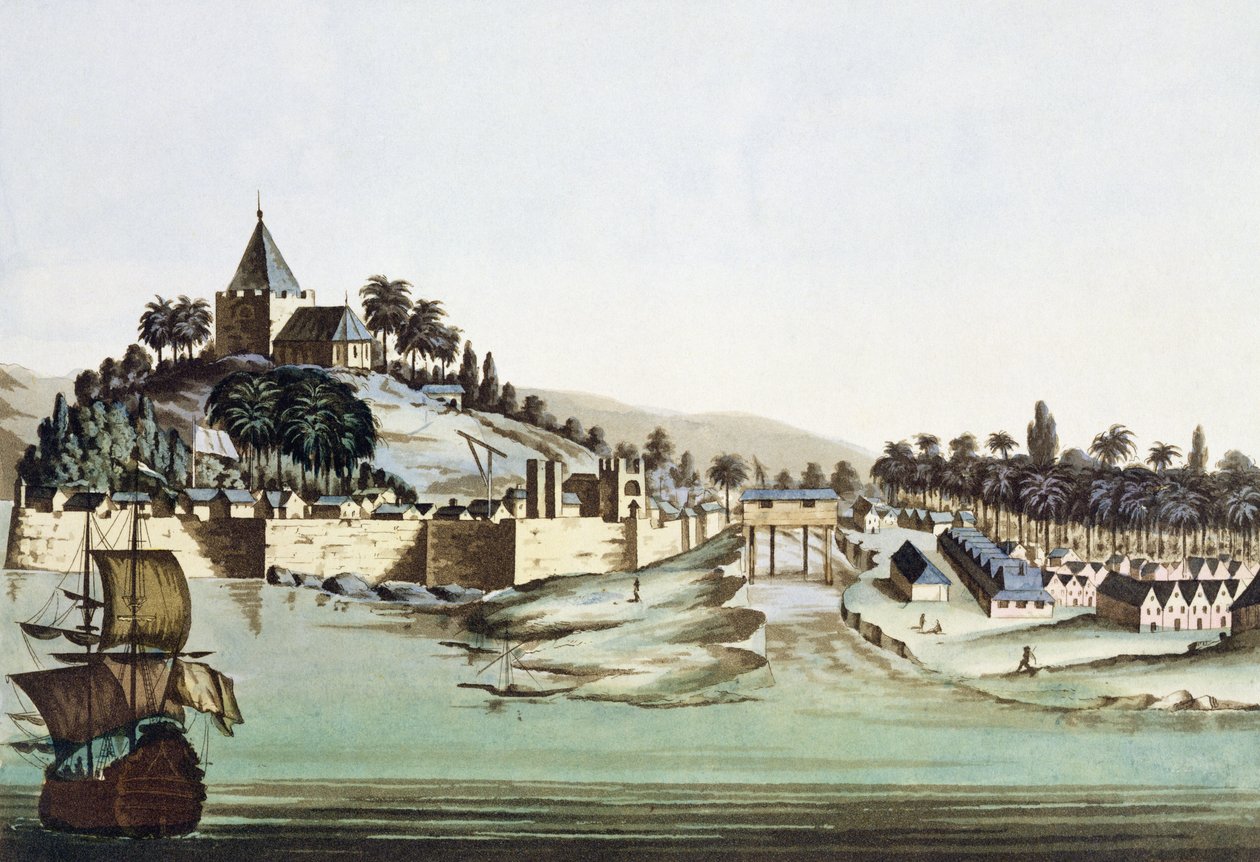 De haven en stad Malakka, Maleisië, illustratie uit 