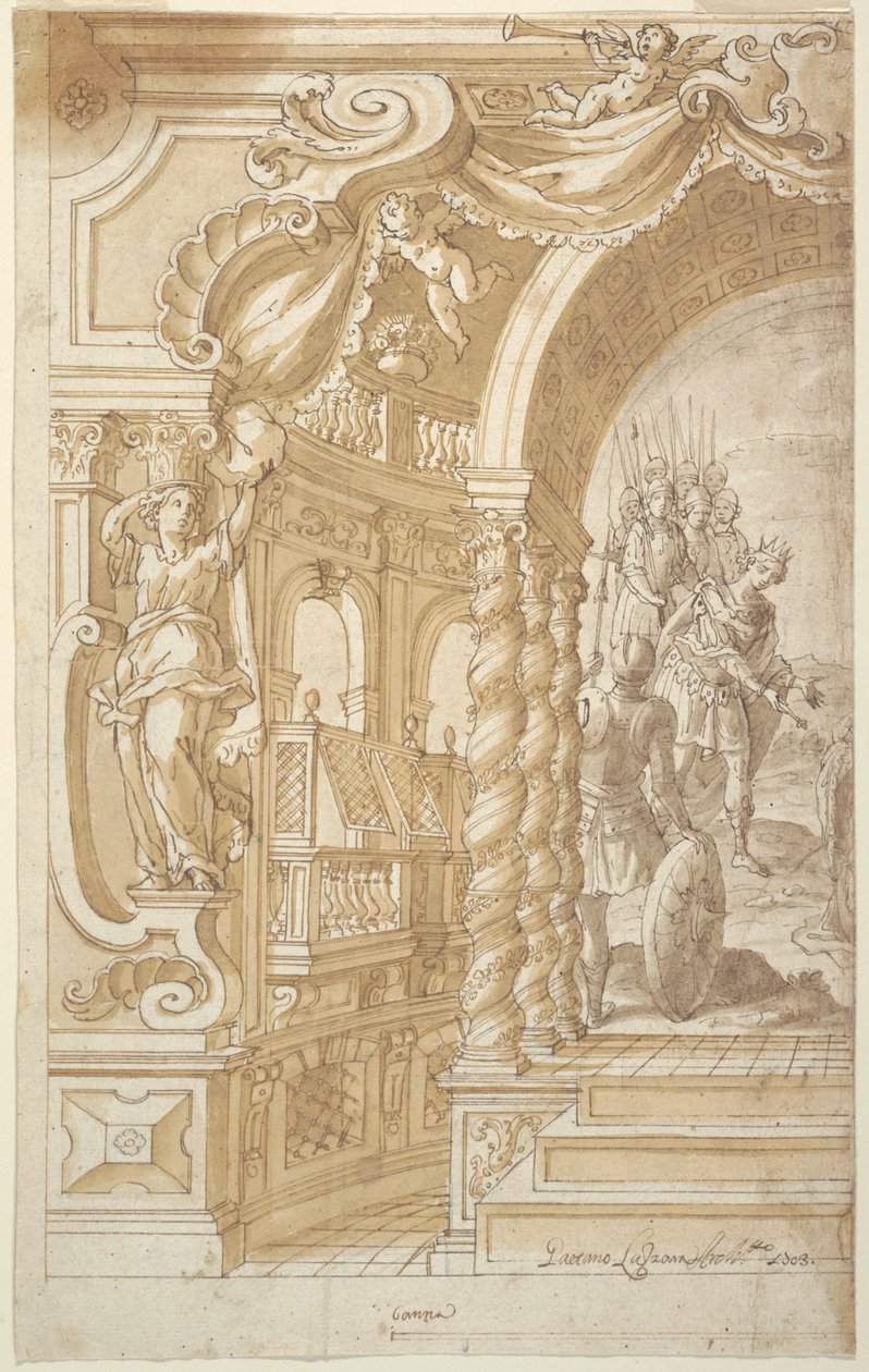 Ontwerp voor een Illusionistische Muurdecoratie, met een Koning Begeleid door Soldaten door Gaetano Lazzara