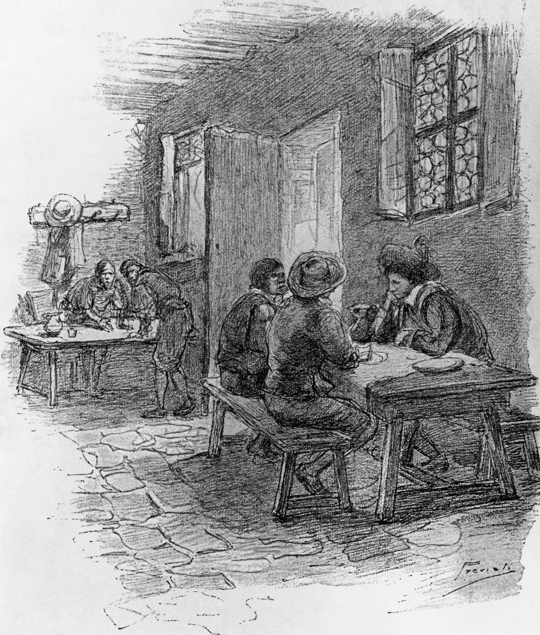 Renzo, Tonio en Gervase in de herberg, Hoofdstuk VII, illustratie door Gaetano Previati (1852-1920) voor Verloofden, historische roman door Alessandro Manzoni (1785-1873) door Gaetano Previati