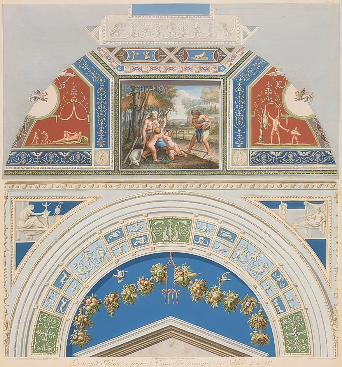 Lunet en gewelfveld met Adam en Eva aan het werk. 1774 door Gaetano Savorelli