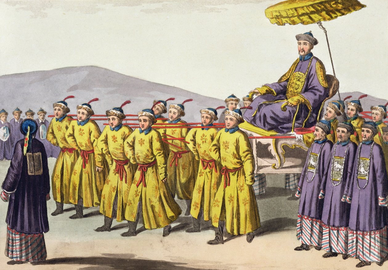 Keizer Chien Lung triomfantelijk gedragen, plaat 18 uit Le Costume Ancien et Moderne door Jules Ferrario, gepubliceerd ca. 1820-30 door Gaetano Zancon