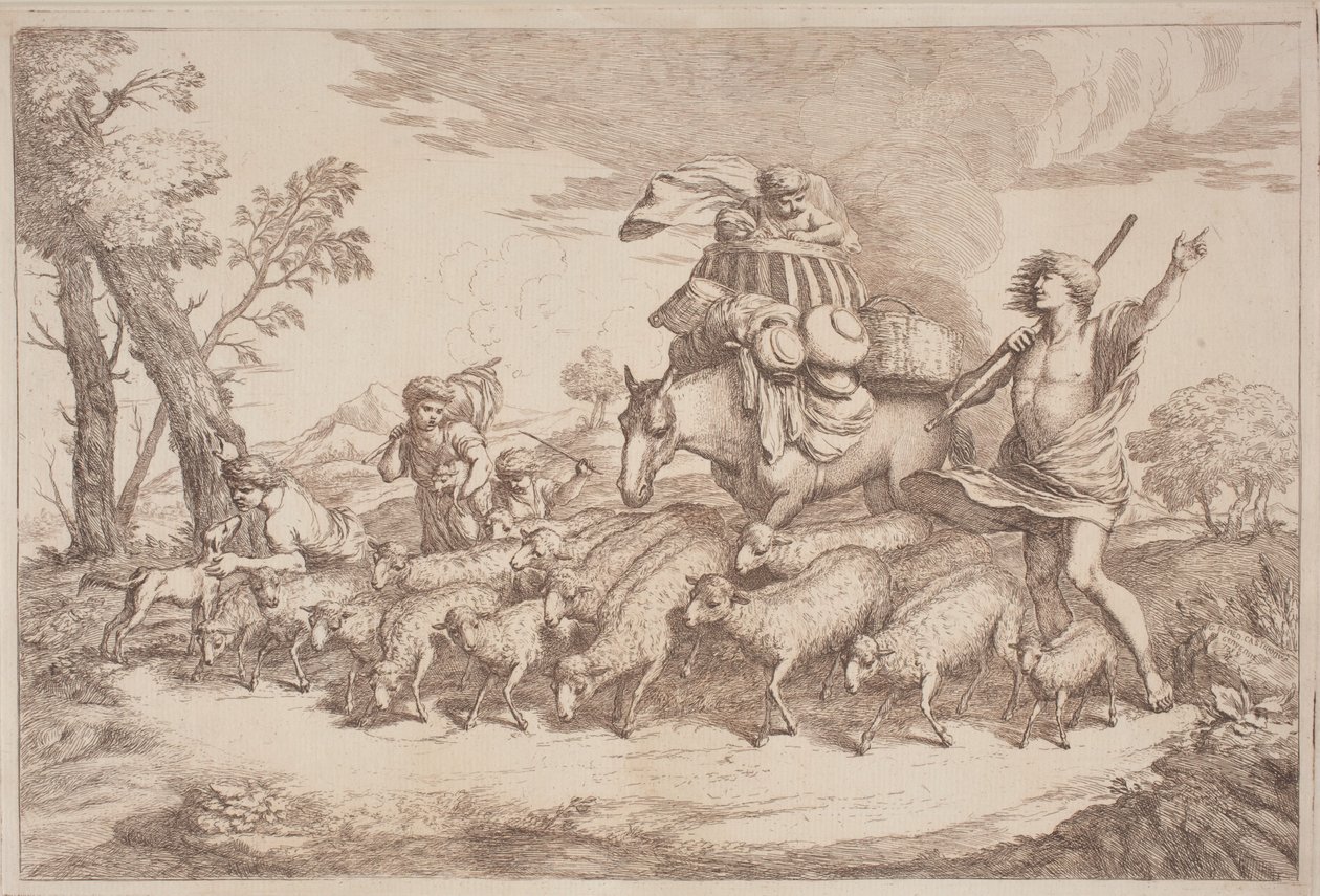 Een pastorale reis met een kind in een mand te paard door Gaetano Zompini, after Giovanni Benedetto Castiglione