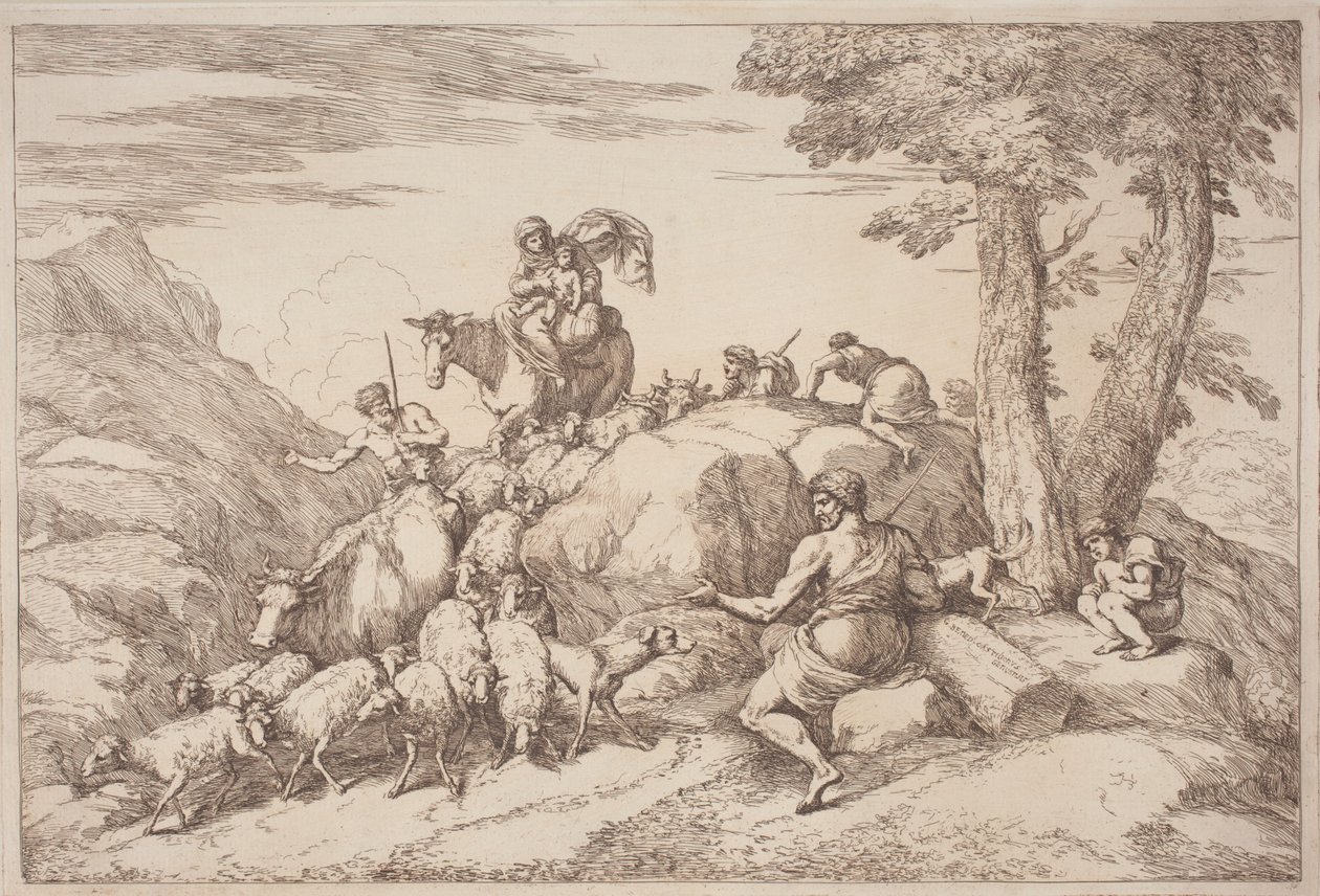 Een Pastorale Reis met een Moeder en Kind te Paard en een Oudere Herder Zittend door Gaetano Zompini, after Giovanni Benedetto Castiglione