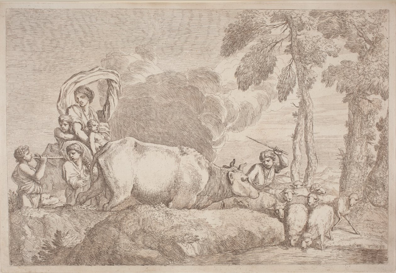 Een vrouw met twee kinderen te paard door Gaetano Zompini, after Giovanni Benedetto Castiglione