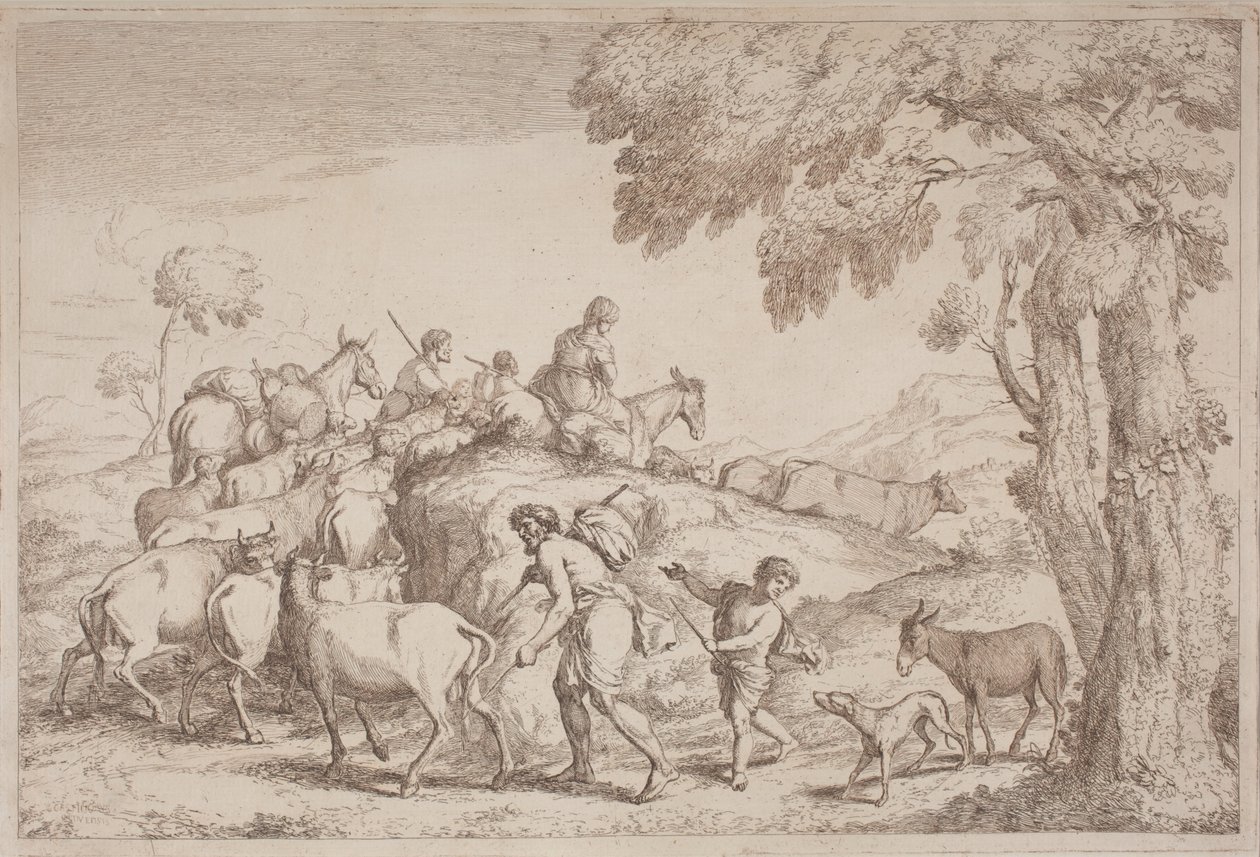 Een oudere herder van achteren gezien door Gaetano Zompini, after Giovanni Benedetto Castiglione