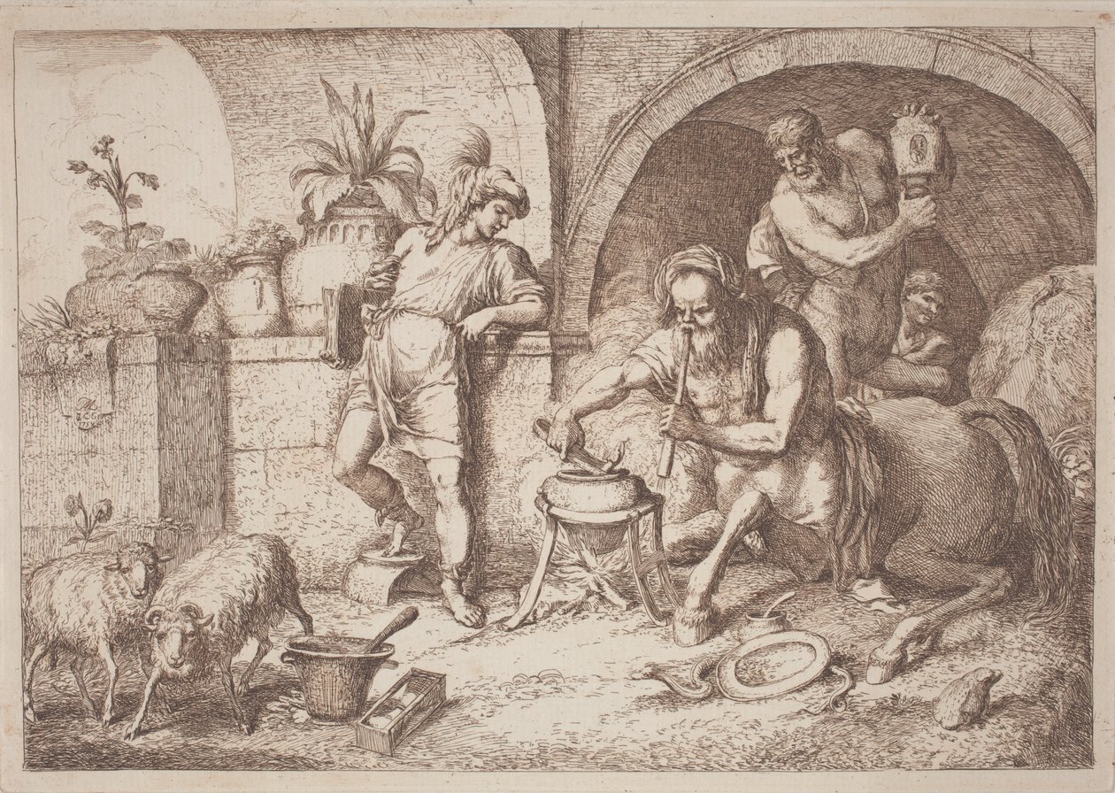 Chiron leert Achilles magie door Gaetano Zompini, after Giovanni Benedetto Castiglione