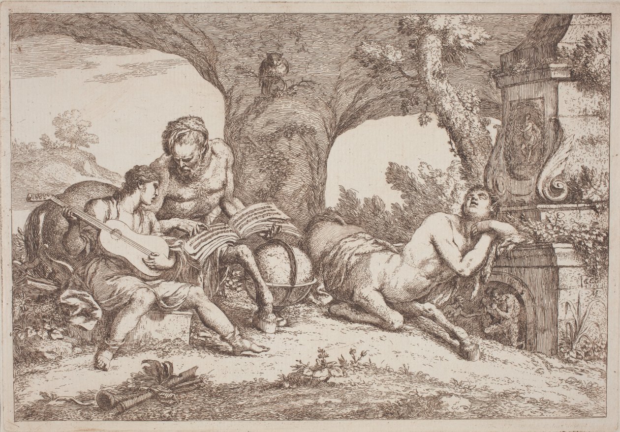 Chiron leert Achilles muziek door Gaetano Zompini, after Giovanni Benedetto Castiglione