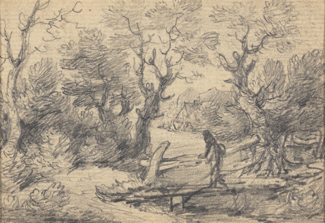 Landschap met figuur op een voetbrug door Gainsborough Dupont
